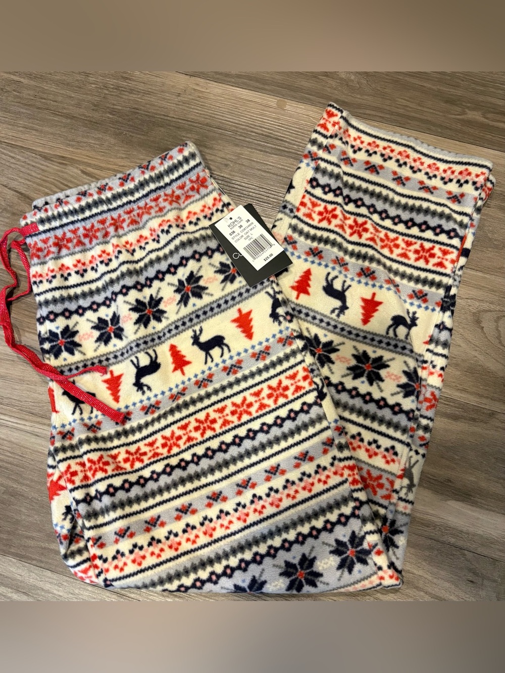 Cuddl Duds Cream Fair Isle Reindeer Pajama Bottoms with Red Drawstring